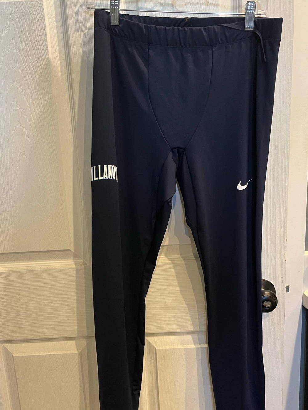 Nike Men's Black Performance Leggings with White Swoosh and White Text